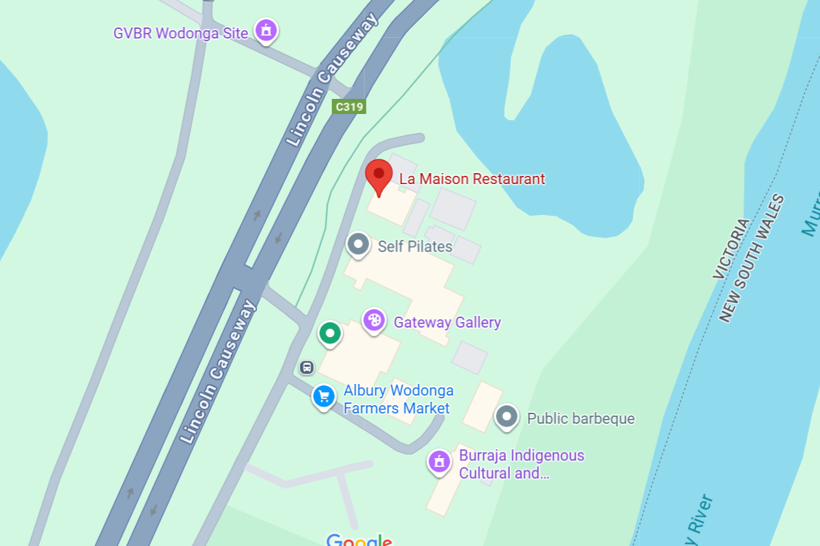 Map showing the location of La Maison Restaurant in Gateway Island between Albury and Wodonga.
